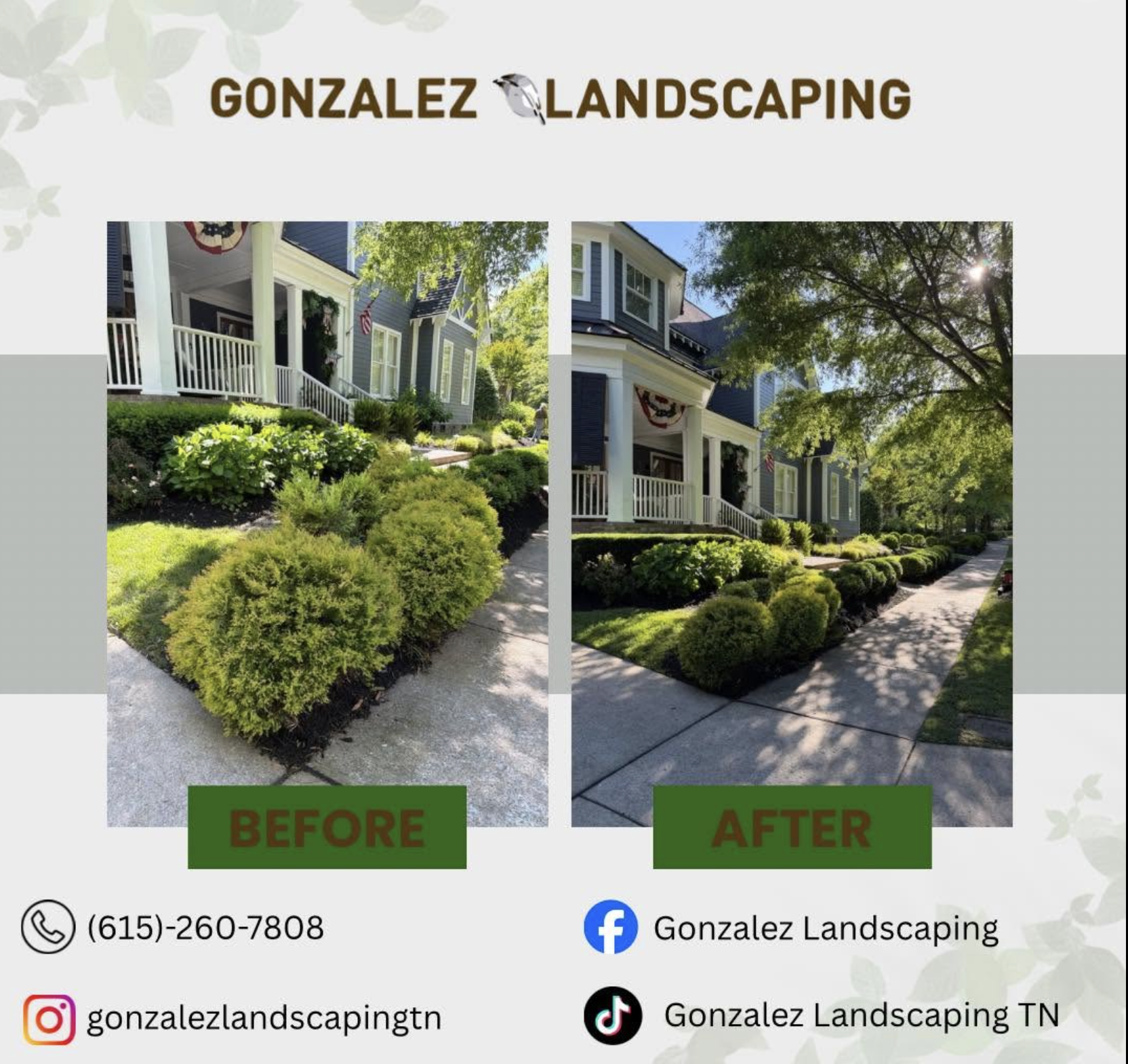 Before and after comparison showing improved shrub trimming and front walk landscaping.