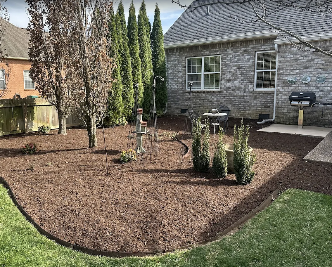 Backyard landscape bed refreshed with mulch and clean edging around plantings.